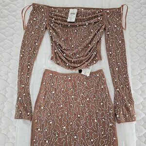 Got Bling Faux Pearl Rhinestone Crop Top and skirt